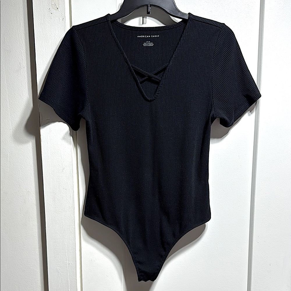 American Eagle EUC black bodysuit with crisscross detail